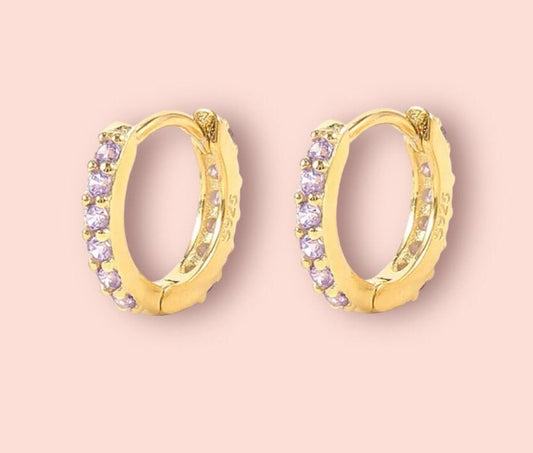 18K Gold Plated Cubic Zirconia Purple Lilac Gem Sparkle Mini Hoop Earrings