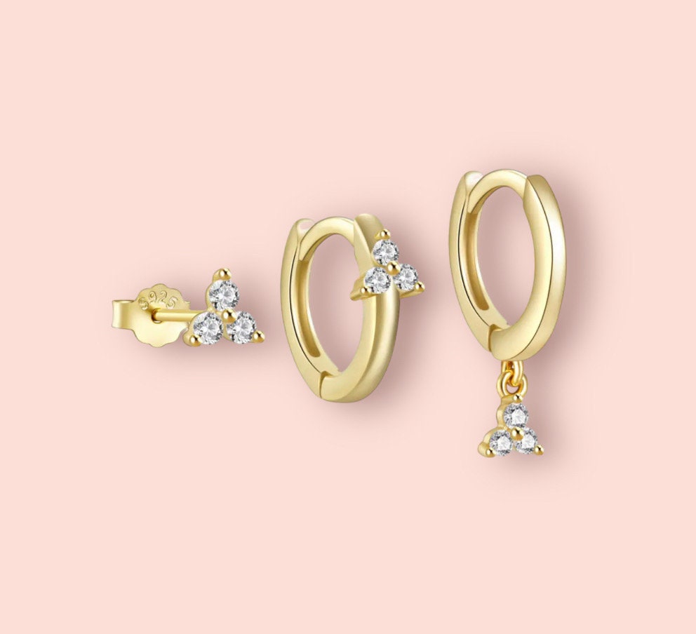 Triple Stacking set - 18K Gold Plated Huggies hoops & stud 3 piece stacking set ~ cubic zirconia stone charm earrings