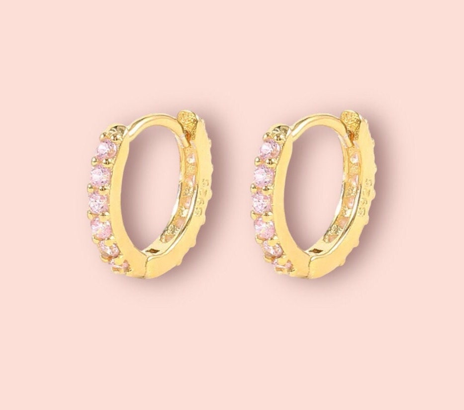 18K Gold Plated Cubic Zirconia Clear Pink Gem Sparkle Mini Hoop Earrings