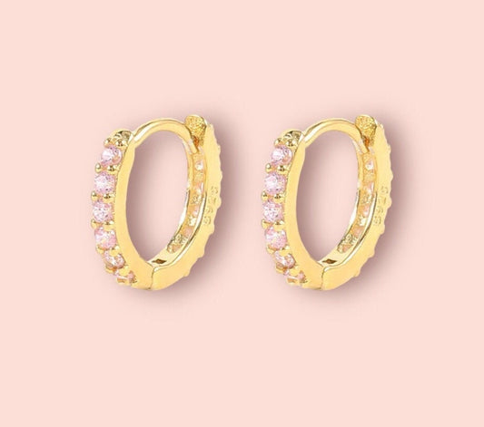 18K Gold Plated Cubic Zirconia Clear Pink Gem Sparkle Mini Hoop Earrings