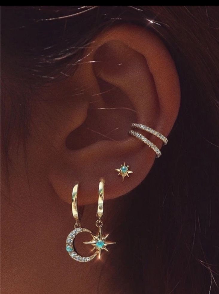 925 Sterling Silver Huggies hoop Moon & Star cubic zirconia turquoise opal stone charm Earrings dangly