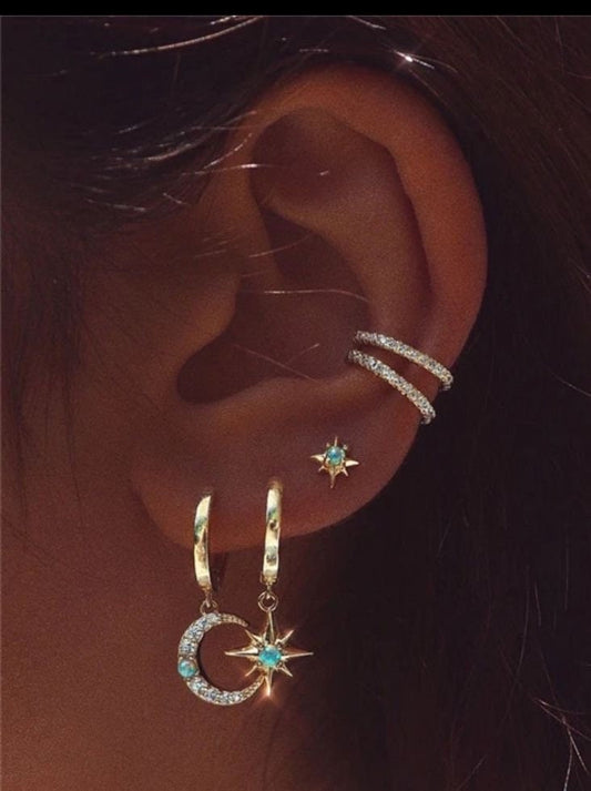 925 Sterling Silver Huggies hoop Moon & Star cubic zirconia turquoise opal stone charm Earrings dangly