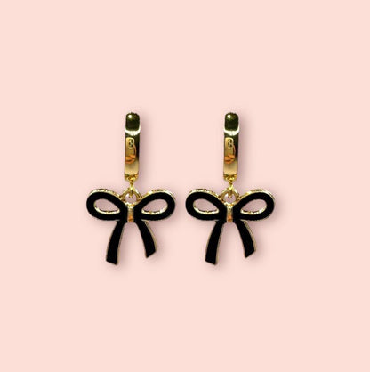 18K Gold Plated Black Bow Huggies Hoop Earrings!