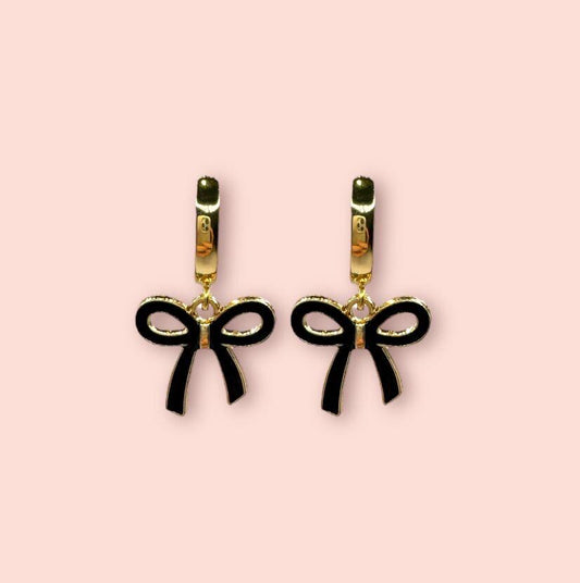 18K Gold Plated Black Bow Huggies Hoop Earrings!