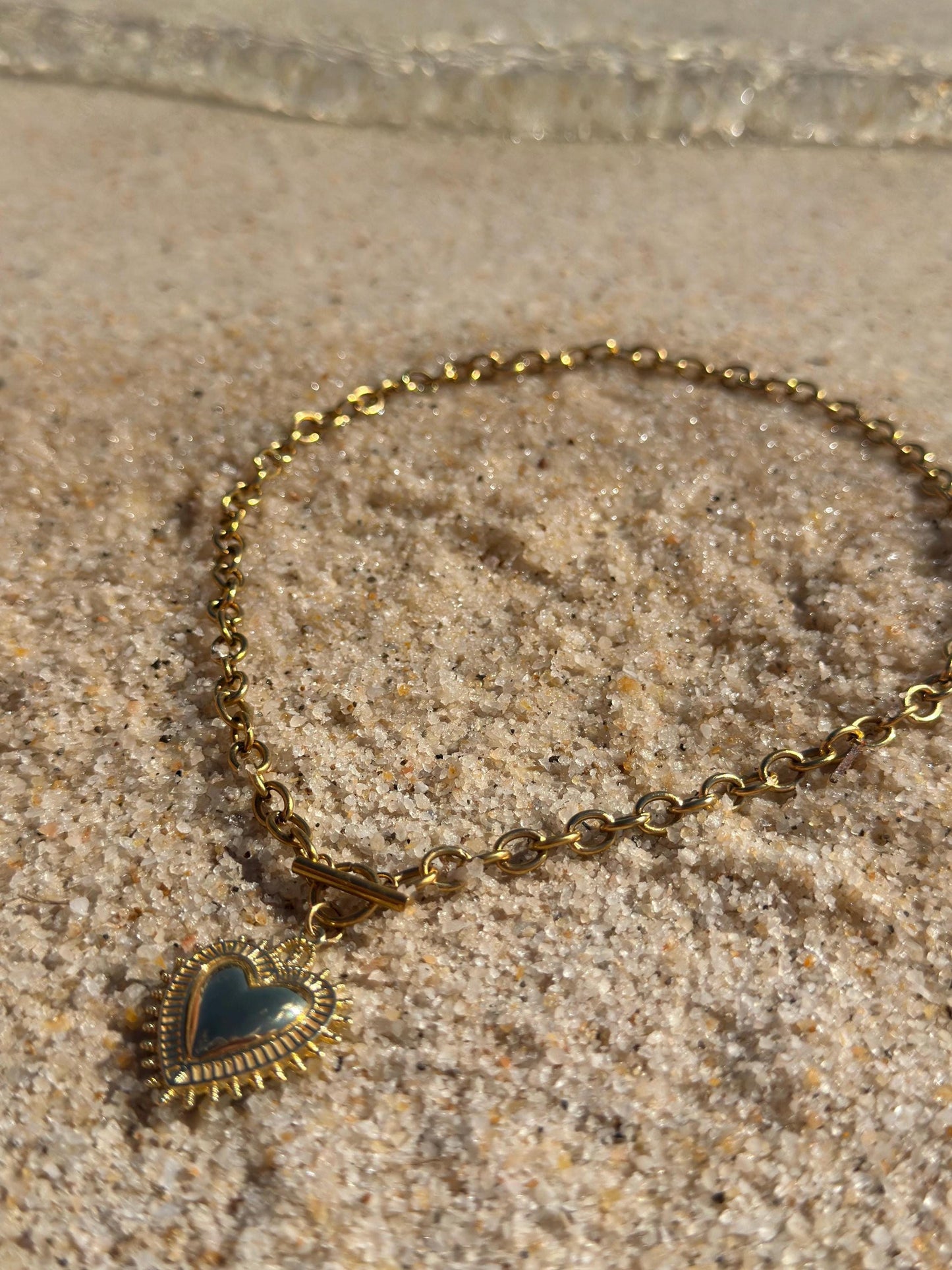 18K Gold Plated T Bar Heart Charm Waterproof Necklace Chain