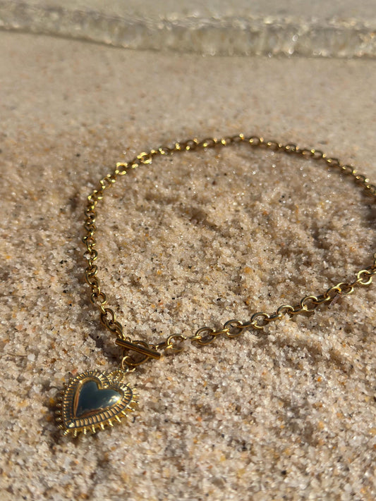 18K Gold Plated T Bar Heart Charm Waterproof Necklace Chain