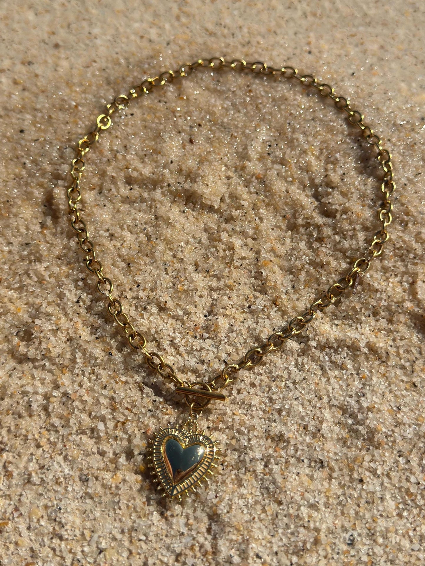 18K Gold Plated T Bar Heart Charm Waterproof Necklace Chain
