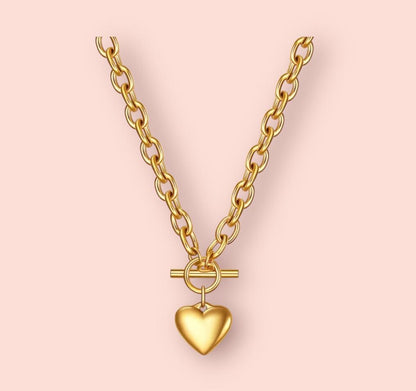 18K Gold Plated T Bar Solid Heart Charm Waterproof Necklace Chain