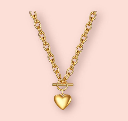 18K Gold Plated T Bar Solid Heart Charm Waterproof Necklace Chain