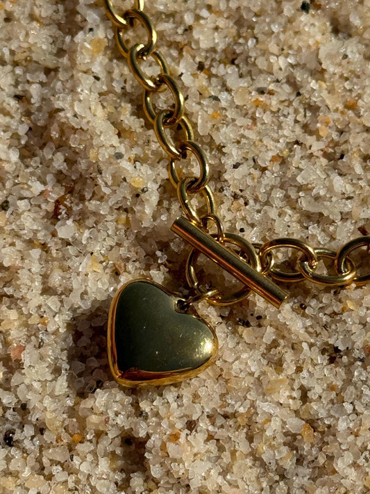 18K Gold Plated T Bar Solid Heart Charm Waterproof Necklace Chain