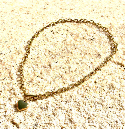 18K Gold Plated T Bar Solid Heart Charm Waterproof Necklace Chain