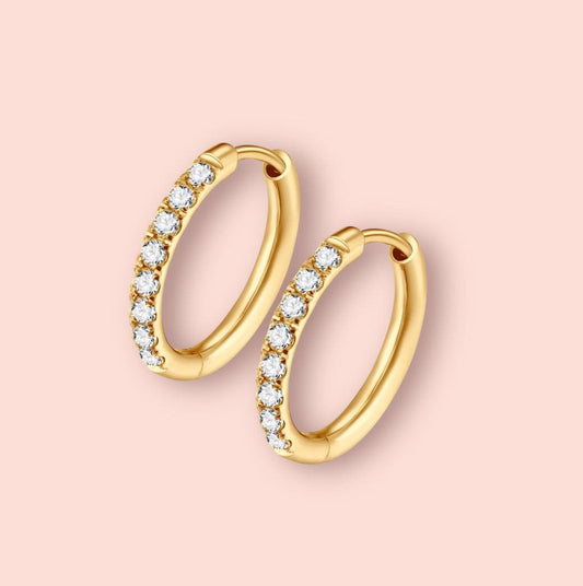 18K Gold Plated Cubic Zirconia Clear Gem Sparkle 14mm Hoop Earrings
