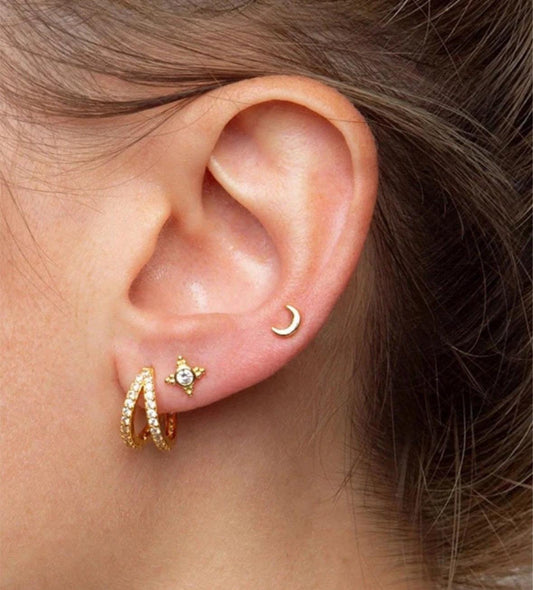 18K Gold plated Cubic Zirconia Clear Gem Sparkle Double mini Hoop Earrings