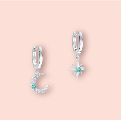 925 Sterling Silver Huggies hoop Moon & Star cubic zirconia turquoise opal stone charm Earrings dangly