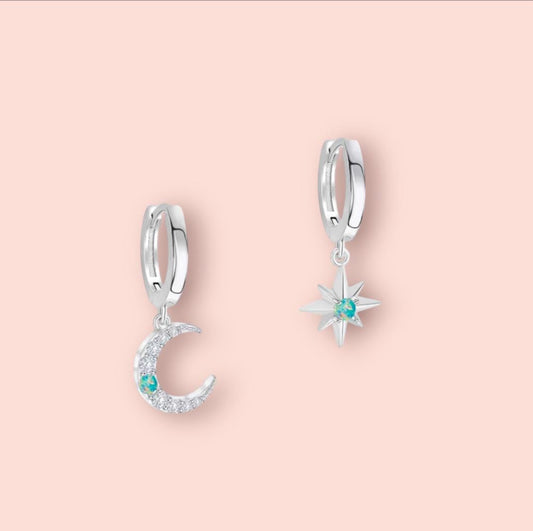 925 Sterling Silver Huggies hoop Moon & Star cubic zirconia turquoise opal stone charm Earrings dangly