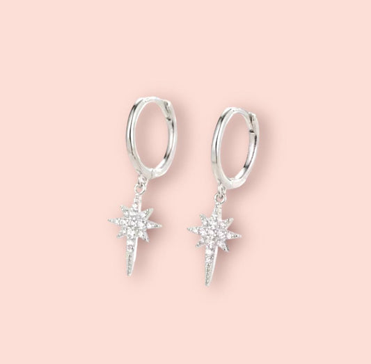 925 Sterling Silver Star Charm 11mm Huggies Hoop Cubic Zirconia Gem Earrings dangly