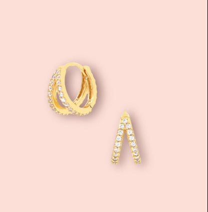 18K Gold plated Cubic Zirconia Clear Gem Sparkle Double mini Hoop Earrings