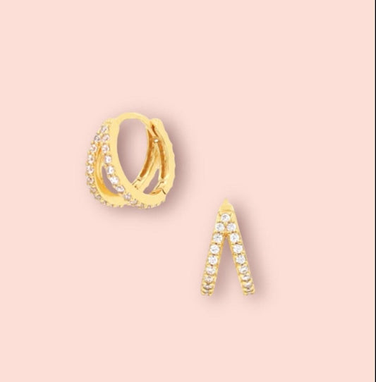 18K Gold plated Cubic Zirconia Clear Gem Sparkle Double mini Hoop Earrings