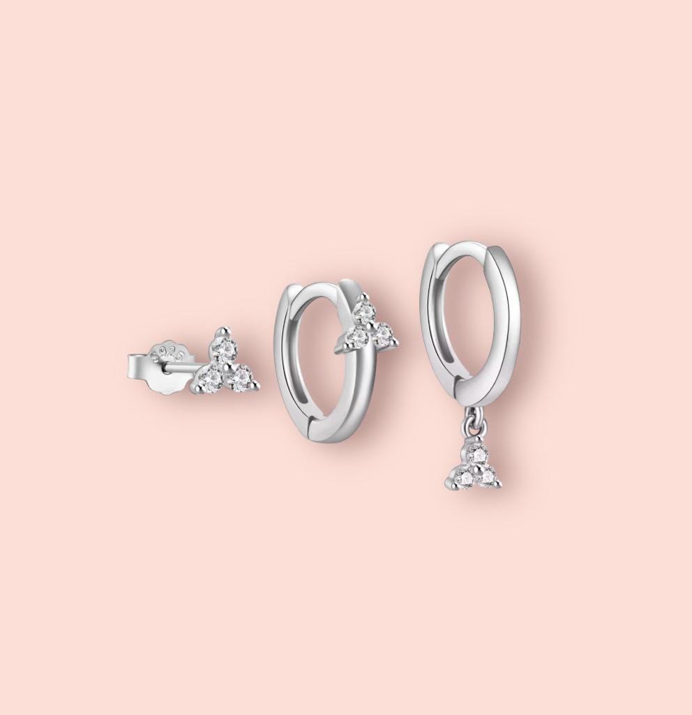 925 Sterling Silver Triple Stacking Set!Huggies hoops & stud 3 piece stacking set ~ cubic zirconia stone charm earrings